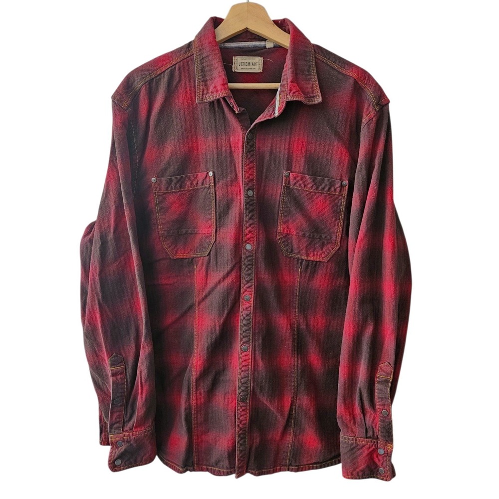 Jeremiah Mens XL Red Black Plaid Flannel Shirt Vintage Workwear Cotton Button Up